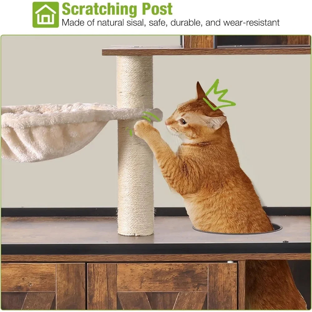 Cats Litter Box Enclosure Cat Tree with Hidden Litter Box Furniture Cat Tower Cat Condo with Cats Cave, Scratching Post, Hammock