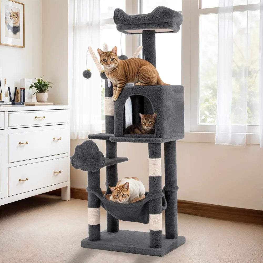 Multi-Level Cat Tree Tower 44in Indoor Cat Condo with Scratch Posts Hammock Plush Velvet Scratching Posts Cozy Playground