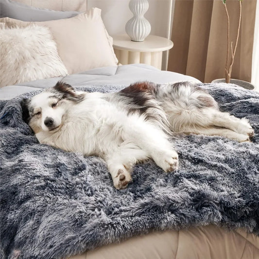 Waterproof Dog Blankets for Large Dogs - Cat Blanket for Couch Protector Washable Long Faux Fur,Calming Soft Reversible Throw F 