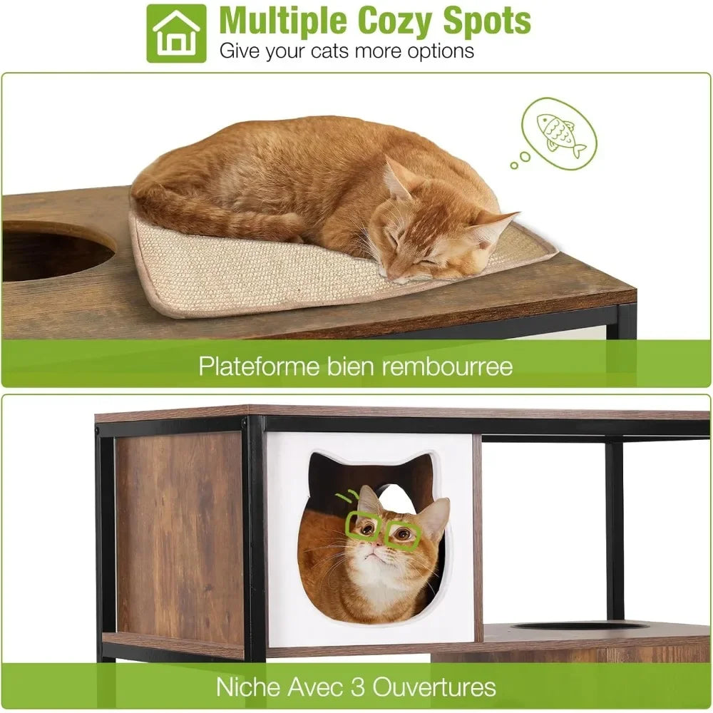 Cats Litter Box Enclosure Cat Tree with Hidden Litter Box Furniture Cat Tower Cat Condo with Cats Cave, Scratching Post, Hammock 