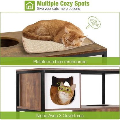 Cats Litter Box Enclosure Cat Tree with Hidden Litter Box Furniture Cat Tower Cat Condo with Cats Cave, Scratching Post, Hammock 