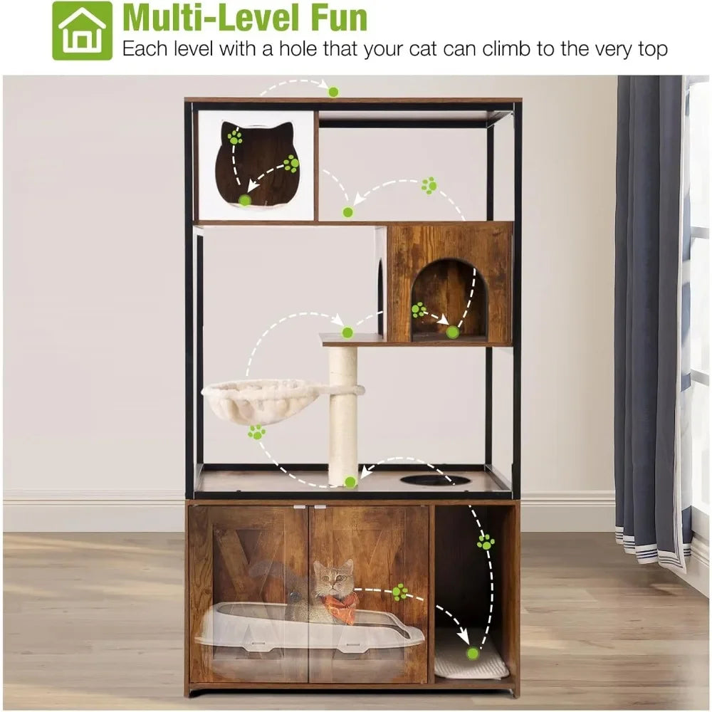 Cats Litter Box Enclosure Cat Tree with Hidden Litter Box Furniture Cat Tower Cat Condo with Cats Cave, Scratching Post, Hammock 