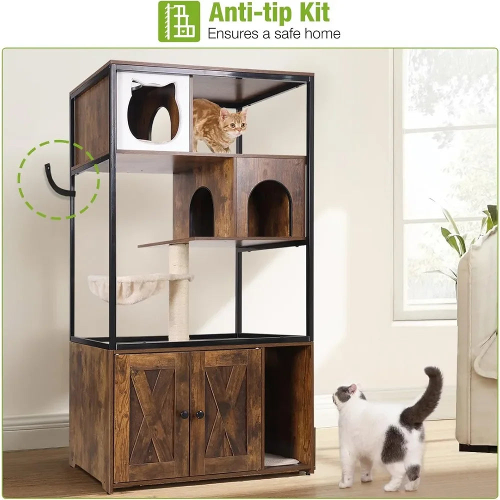 Cats Litter Box Enclosure Cat Tree with Hidden Litter Box Furniture Cat Tower Cat Condo with Cats Cave, Scratching Post, Hammock 