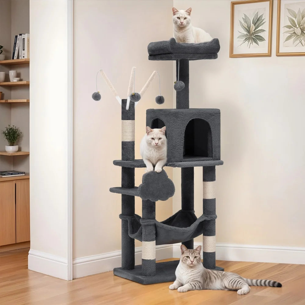 Multi-Level Cat Tree Tower 44in Indoor Cat Condo with Scratch Posts Hammock Plush Velvet Scratching Posts Cozy Playground 