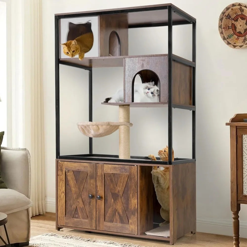 Cats Litter Box Enclosure Cat Tree with Hidden Litter Box Furniture Cat Tower Cat Condo with Cats Cave, Scratching Post, Hammock 
