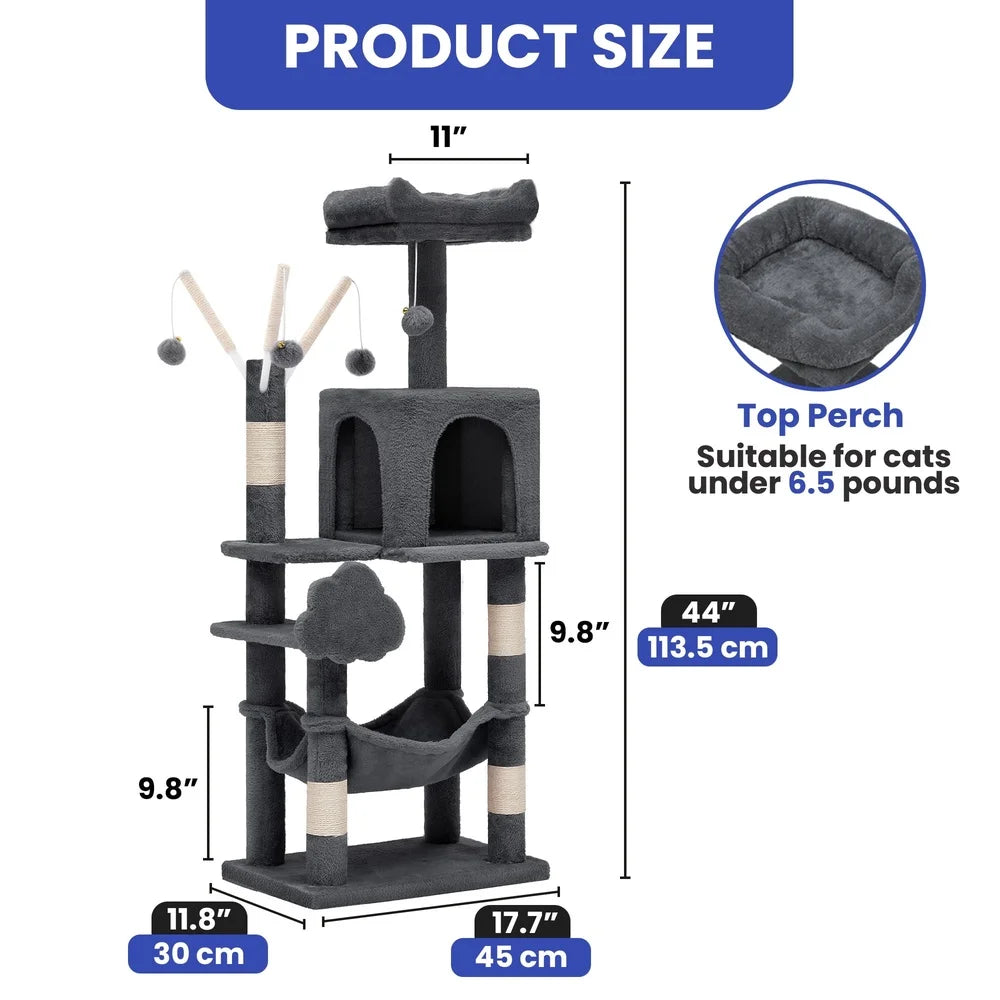 Multi-Level Cat Tree Tower 44in Indoor Cat Condo with Scratch Posts Hammock Plush Velvet Scratching Posts Cozy Playground 