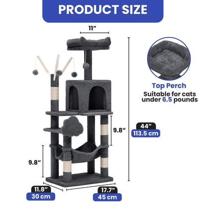 Multi-Level Cat Tree Tower 44in Indoor Cat Condo with Scratch Posts Hammock Plush Velvet Scratching Posts Cozy Playground 