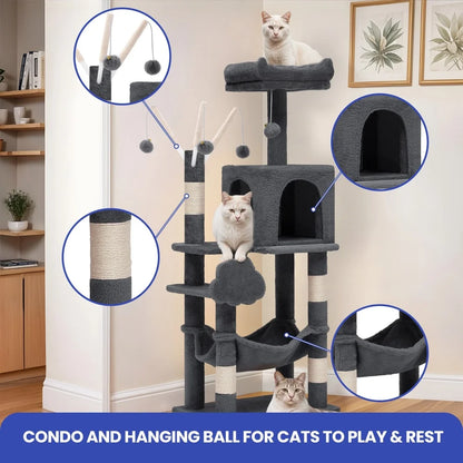 Multi-Level Cat Tree Tower 44in Indoor Cat Condo with Scratch Posts Hammock Plush Velvet Scratching Posts Cozy Playground 